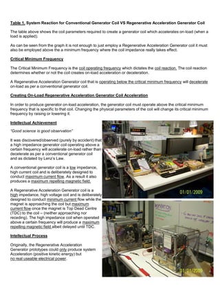 Table 1. System Reaction for Conventional Generator Coil VS Regenerative Acceleration Generator Coil

The table above shows the coil parameters required to create a generator coil which accelerates on-load (when a
load is applied).

As can be seen from the graph it is not enough to just employ a Regenerative Acceleration Generator coil it must
also be employed above the a minimum frequency where the coil impedance really takes effect.

Critical Minimum Frequency

The Critical Minimum Frequency is the coil operating frequency which dictates the coil reaction. The coil reaction
determines whether or not the coil creates on-load acceleration or deceleration.

A Regenerative Acceleration Generator coil that is operating below the critical minimum frequency will decelerate
on-load as per a conventional generator coil.

Creating On-Load Regenerative Acceleration Generator Coil Acceleration

In order to produce generator on-load acceleration, the generator coil must operate above the critical minimum
frequency that is specific to that coil. Changing the physical parameters of the coil will change its critical minimum
frequency by raising or lowering it.

Intellectual Achievement

“Good science is good observation”

It was discovered/observed (purely by accident) that
a high impedance generator coil operating above a
certain frequency will accelerate on-load rather than
decelerate as per a conventional generator coil
and as dictated by Lenz’s Law.

A conventional generator coil is a low impedance,
high current coil and is deliberately designed to
conduct maximum current flow. As a result it also
produces a maximum repelling magnetic field.

A Regenerative Acceleration Generator coil is a
high impedance, high voltage coil and is deliberately
designed to conduct minimum current flow while the
magnet is approaching the coil but maximum
current flow once the magnet is Top Dead Centre
(TDC) to the coil – (neither approaching nor
receding). The high impedance coil when operated
above a certain frequency will produce a maximum
repelling magnetic field albeit delayed until TDC.

Intellectual Process

Originally, the Regenerative Acceleration
Generator prototypes could only produce system
Acceleration (positive kinetic energy) but
no real useable electrical power.
                                                                                                          Page 9 of 45
 