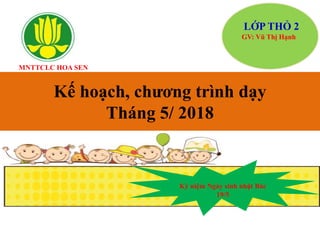 MNTTCLC HOA SEN
Kế hoạch, chương trình dạy
Tháng 5/ 2018
Kỷ niệm Ngày sinh nhật Bác
19/5
LỚP THỎ 2
GV: Vũ Thị Hạnh
 