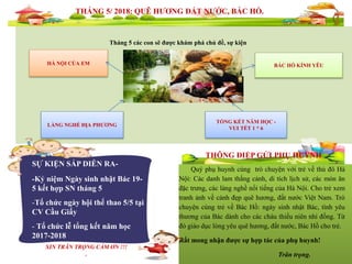 SỰ KIỆN SẮP DIỄN RA-
-Kỷ niệm Ngày sinh nhật Bác 19-
5 kết hợp SN tháng 5
-Tổ chức ngày hội thể thao 5/5 tại
CV Cầu Giấy
- Tổ chức lễ tổng kết năm học
2017-2018
XIN TRÂN TRỌNG CẢM ƠN !!!
.
Quý phụ huynh cùng trò chuyện với trẻ về thủ đô Hà
Nội: Các danh lam thắng cảnh, di tích lịch sử, các món ăn
đặc trưng, các làng nghề nổi tiếng của Hà Nội. Cho trẻ xem
tranh ảnh về cảnh đẹp quê hương, đất nước Việt Nam. Trò
chuyện cùng trẻ về Bác Hồ: ngày sinh nhật Bác, tình yêu
thương của Bác dành cho các cháu thiếu niên nhi đồng. Từ
đó giáo dục lòng yêu quê hương, đất nước, Bác Hồ cho trẻ.
Rất mong nhận được sự hợp tác của phụ huynh!
Trân trọng.
THÁNG 5/ 2018: QUÊ HƯƠNG ĐẤT NƯỚC, BÁC HỒ.
THÔNG ĐIỆP GỬI PHỤ HUYNH
Tháng 5 các con sẽ được khám phá chủ đề, sự kiện
HÀ NỘI CỦA EM BÁC HỒ KÍNH YÊU
LÀNG NGHỀ ĐỊA PHƯƠNG
TỔNG KẾT NĂM HỌC -
VUI TẾT 1 * 6
 