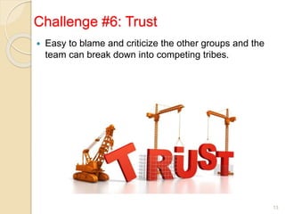 Challenge #6: Trust
13
 Easy to blame and criticize the other groups and the
team can break down into competing tribes.
 