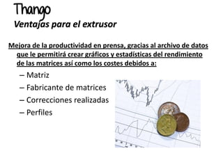 Mejora de la productividad en prensa, gracias al archivo de datos
que le permitirá crear gráficos y estadísticas del rendimiento
de las matrices así como los costes debidos a:
– Matriz
– Fabricante de matrices
– Correcciones realizadas
– Perfiles
Thango
Ventajas para el extrusor
 