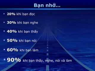 Bạn nhớ…
 20% khi bạn đọc

 30% khi bạn nghe

 40% khi bạn thấy

 50% khi bạn nói

 60%   khi bạn làm


 90%     khi bạn thấy, nghe, nói và làm
 