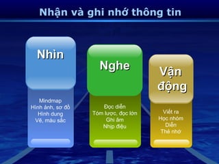 Nhận và ghi nhớ thông tin



  Nhìn
                    Nghe              Vận
                                      động
   Mindmap
Hình ảnh, sơ đồ      Đọc diễn
  Hình dung       Tóm lược, đọc lớn     Viết ra
 Vẽ, màu sắc           Ghi âm         Học nhóm
                     Nhịp điệu           Diễn
                                       Thẻ nhớ
 