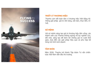 TRIẾT LÝ THƯƠNG HIỆU
Thanhs cam kết toàn tâm vì thương hiệu Việt bằng hệ
thống giải pháp giá trị nền tảng, căn bản, thực tiễn, trí
tuệ.
SỨ MỆNH
Với sứ mệnh sáng tạo giá trị thương hiệu bền vững, các
thành viên của Thanhs không ngừng nỗ lực nghiên cứu,
đổi mới, sáng tạo để đem tới những giá trị vượt thời
gian, đưa đến các giải pháp hiệu quả và phù hợp tới
từng mô hình kinh doanh
TẦM NHÌN
Năm 2030, Thanhs trở thành Tập đoàn Tư vấn chiến
lược Việt Nam dẫn đầu thị trường.
 