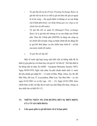 -      Tỷ giá thả nổi tự do (Freely Floating Exchange Rate): tỷ
             giá thả nổi tự do là cơ chế tỷ giá mà theo đó giá cả ngoại
             tệ sẽ do cung – cầu quyết định và không có sự can thiệp
             của Chính phủ (hoặc can thiệp thông qua các công cụ tài
             chính tiền tệ) (40 nước).
      -      Tỷ giá thả nổi có quản lý (Managed Float exchange
             Rate): là tỷ giá thả nổi nhưng có sự can thiệp của Chính
             phủ. Theo đó, Chính phủ (NHTW) sử dụng các công cụ
             tài chính tiền tệ hoặc công cụ hành chính để tác động lên
             tỷ giá hối đoái phục vụ cho chiến lược kinh tế – xã hội
             của nước mình (43 nước).

      c.     Tỷ giá thả nổi tập thể:

      Một số nước tập hợp trong một khối tiền tệ thống nhất để ổn
định tỷ giá giữa họ với nhau hay còn gọi là “rổ tiền tệ”. Nổi bật nhất là
hệ thống tiền tệ châu Âu (EMS – European Monetary System 1987).
Ngày 09/05/1978, Nghị viện châu Âu phê chuẩn danh sách 11 nước
đủ tiêu chuẩn gia nhập EU – 11 nước là Đức, Pháp, Ailen, Áo, Bỉ, Bồ
Đào Nha, Hà Lan, Ý, Lucxembua, Phần Lan, Tây Ban Nha – và vào
ngày 01/01/2001 có cả Hy Lạp – EU – 12). Ngày 01/01/1999, Euro
chính thức ra đời với đầy đủ tư cách của một đồng tiền thực, chung và
duy nhất cho cả khối EU-12.




VI.   NHỮNG NHÂN TỐ ẢNH HƯỞNG ĐẾN SỰ BIẾN ĐỘNG
      CỦA TỶ GIÁ HỐI ĐOÁI:

1.    Liên quan giữa tỷ giá hối đoái với tỷ lệ lạm phát:



                                                                      20
 