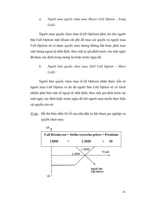 a.     Người mua quyền chọn mua (Byeer Call Opiton – Long
             Call):

      Người mua quyền chọn mua (Call Opition) phải trả cho người
bán Call Opition một khoản chi phí để mua cái quyền và người mua
Call Opition sẽ có được quyền mua nhưng không bắt buộc phải mua
một lượng ngoại tệ nhất định, theo một tỷ giá định trước vào một ngày
đã được xác định trong tương lai hoặc trước ngày đó.

      b.     Người bán quyền chọn mua (Sell Call Option – Short
             Call):

      Người bán quyền chọn mua (Call Option) nhận được tiền từ
người mua Call Option và do đó người bán Call Option sẽ có trách
nhiệm phải bán một số ngoại tệ nhất định, theo một giá định trước tại
một ngày xác định hoặc trước ngày đó khi người mua muốn thực hiện
cái quyền của nó.

Ví dụ: Đồ thị biểu diễn lời lỗ của nhà đầu tư khi tham gia nghiệp vụ
       quyền chọn mua



           Call Breakeven = Strike (exercise price) + Premium
              13050       =          1.3020            +   30




                                                                  36
 