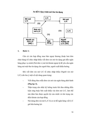 1.    Bước 1:

      Căn cứ vào hợp đồng mua bán ngoại thương (hoặc hoá đơn
chào hàng) tổ chức nhập khẩu viết đơn xin mở tín dụng gửi đến ngân
hàng phục vụ mình (Nơi đơn vị mở tài khoản ngoại tệ để yêu cầu ngân
hàng mở một thư tín dụng cho người bán, người xuất khẩu hưởng.

      Khi viết đơn xin mở L/C tổ chức nhập khẩu (Người xin mở
L/C) cần lưu ý một số nội dung quan trọng:

      -     Viết đúng theo mẫu đơn xin mở của ngân hàng phát hành
            (Phụ lục 3).
      -     Thận trọng cân nhắc kỹ lưỡng trước khi đưa những điều
            kiện ràng buộc bên xuất khẩu vào đơn mở L/C, làm thế
            nào đảm bảo được quyền lợi của mình và tôn trọng các
            điều khoản của hợp đồng.
      -     Nội dung đơn xin mở L;/C là cơ sở để ngân hàng viết L/C
            gửi bên hưởng lợi.


                                                                 94
 