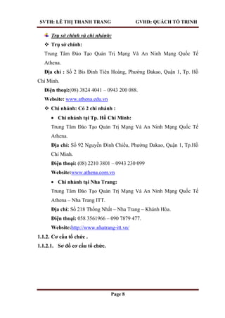 SVTH: LÊ THỊ THANH TRANG GVHD: QUÁCH TỐ TRINH
Page 8
Trụ sở chính và chi nhánh:
 Trụ sở chính:
Trung Tâm Đào Tạo Quản Trị Mạng Và An Ninh Mạng Quốc Tế
Athena.
Địa chỉ : Số 2 Bis Đinh Tiên Hoàng, Phường Đakao, Quận 1, Tp. Hồ
Chí Minh.
Điện thoại:(08) 3824 4041 – 0943 200 088.
Website: www.athena.edu.vn
 Chi nhánh: Có 2 chi nhánh :
Chi nhánh tại Tp. Hồ Chí Minh:
Trung Tâm Đào Tạo Quản Trị Mạng Và An Ninh Mạng Quốc Tế
Athena.
Địa chỉ: Số 92 Nguyễn Đình Chiểu, Phường Đakao, Quận 1, Tp.Hồ
Chí Minh.
Điện thoại: (08) 2210 3801 – 0943 230 099
Website:www.athena.com.vn
Chi nhánh tại Nha Trang:
Trung Tâm Đào Tạo Quản Trị Mạng Và An Ninh Mạng Quốc Tế
Athena – Nha Trang ITT.
Địa chỉ: Số 218 Thống Nhất – Nha Trang – Khánh Hòa.
Điện thoại: 058 3561966 – 090 7879 477.
Website:http://www.nhatrang-itt.vn/
1.1.2. Cơ cấu tổ chức .
1.1.2.1. Sơ đồ cơ cấu tổ chức.
 