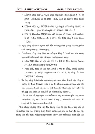 SVTH: LÊ THỊ THANH TRANG GVHD: QUÁCH TỐ TRINH
Page 16
 Đối với khóa học CCNA số khóa học giảm 3 khóa (giảm 8,1%) từ
2010 – 2011, sau đó từ 2011 – 2012 tăng lên được 1 khóa (tăng
2,9%)
 Đối với khóa học ACBN số khóa học tăng 6 khóa (tăng 19,4%) từ
2010 – 2011, giảm 6 khóa (giảm 19,4%) từ 2011 – 2012.
 Đối với khóa học MCSA vẫn giữ nguyên số lượng các khóa học
từ 2010 đến 2011, sau đó từ 2011 đến 2012 tăng 4 khóa (tăng
18,2%).
 Ngày càng có nhiều người biết đến chương trình giảng dạy cũng như
chất lượng đào tạo của công ty.
- Doanh thu cũng tăng thêm, cụ thể qua Bảng 3 doanh thu hoạt động
sản xuất kinh doanh của năm sau cao hơn năm trước:
 Năm 2011 tăng so với năm 2010 là 0,1 tỷ đồng (tương đương
5%). Lợi nhuận tăng từ năm 2010 là
 Năm 2012 tăng so với năm 2011 là 0,3 tỷ đồng, tương đương
14,286%. Lợi nhuận tăng dần năm 2011 từ 0,2 tỷ đồng đến năm
2012 là 0,22 tỷ đồng.
- Ta thấy rằng lợi nhuận hoạt động sản xuất kinh doanh của công ty
không ổn định. Nguyên nhân là do lợi nhuận còn phụ thuộc vào chi
phí, chính sách giá cả của các mặt hàng kỹ thuật, các bước chuyển
đổi gặp khó khăn khi thay đổi cơ cấu nhân sự nội bộ…
- Đối với vấn đề nộp ngân sách mỗi năm phụ thuộc chủ yếu vào chính
sách thuế, phụ thu của nhà nước. Công ty luôn tuân thủ theo các
chính sách của nhà nước ban hành.
Nhìn chung những năm gần đây Trung Tâm đã dần thích ứng với sự
biến động của môi trường kinh doanh mới cũng như sự thay đổi nội bộ.
Trung tâm đẩy mạnh việc quảng bá hình ảnh và sản phẩm của mình đến với
 