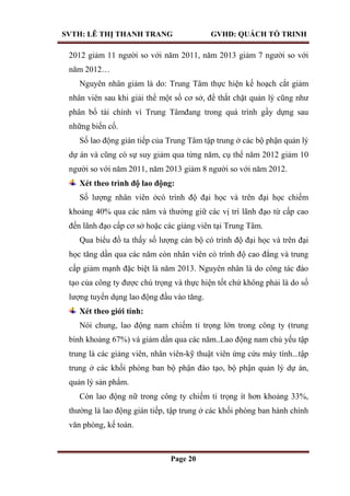SVTH: LÊ THỊ THANH TRANG GVHD: QUÁCH TỐ TRINH
Page 20
2012 giảm 11 người so với năm 2011, năm 2013 giảm 7 người so với
năm 2012…
Nguyên nhân giảm là do: Trung Tâm thực hiện kế hoạch cắt giảm
nhân viên sau khi giải thể một số cơ sở, để thắt chặt quản lý cũng như
phân bổ tài chính vì Trung Tâmđang trong quá trình gầy dựng sau
những biến cố.
Số lao động gián tiếp của Trung Tâm tập trung ở các bộ phận quản lý
dự án và cũng có sự suy giảm qua từng năm, cụ thể năm 2012 giảm 10
người so với năm 2011, năm 2013 giảm 8 người so với năm 2012.
Xét theo trình độ lao động:
Số lượng nhân viên ởcó trình độ đại học và trên đại học chiếm
khoảng 40% qua các năm và thường giữ các vị trí lãnh đạo từ cấp cao
đến lãnh đạo cấp cơ sở hoặc các giảng viên tại Trung Tâm.
Qua biểu đồ ta thấy số lượng cán bộ có trình độ đại học và trên đại
học tăng dần qua các năm còn nhân viên có trình độ cao đẳng và trung
cấp giảm mạnh đặc biệt là năm 2013. Nguyên nhân là do công tác đào
tạo của công ty được chú trọng và thực hiện tốt chứ không phải là do số
lượng tuyển dụng lao động đầu vào tăng.
Xét theo giới tính:
Nói chung, lao động nam chiếm tỉ trọng lớn trong công ty (trung
bình khoảng 67%) và giảm dần qua các năm..Lao động nam chủ yếu tập
trung là các giảng viên, nhân viên-kỹ thuật viên ứng cứu máy tính...tập
trung ở các khối phòng ban bộ phận đào tạo, bộ phận quản lý dự án,
quản lý sản phẩm.
Còn lao động nữ trong công ty chiếm tỉ trọng ít hơn khoảng 33%,
thường là lao động gián tiếp, tập trung ở các khối phòng ban hành chính
văn phòng, kế toán.
 