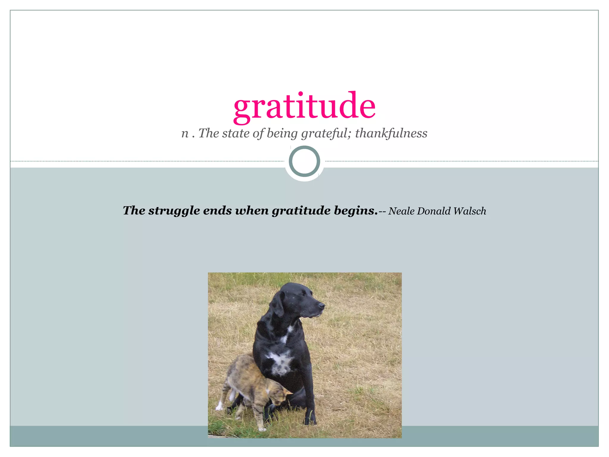 gratitude
n . The state of being grateful; thankfulness
The struggle ends when gratitude begins.-- Neale Donald Walsch