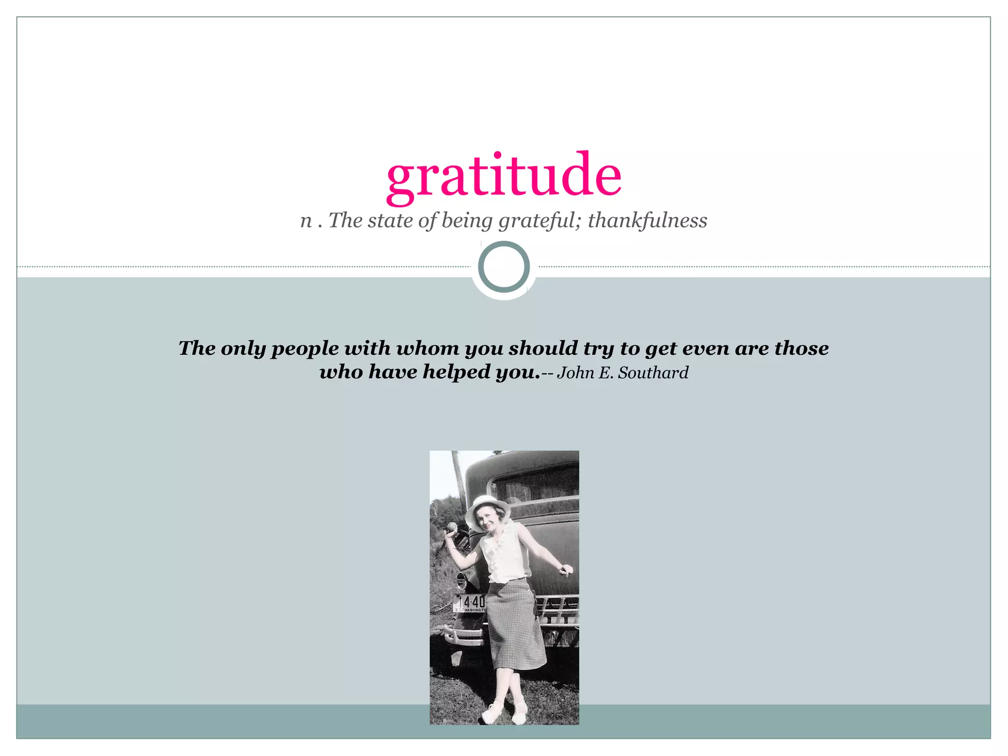 gratitude
n . The state of being grateful; thankfulness
The only people with whom you should try to get even are those
who have helped you.-- John E. Southard