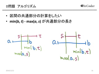 D問題 アルゴリズム 
•区間の共通部分の計算をしたい 
•min(b, t) - max(a, s) が共通部分の長さ 
2014/12/12 
16  