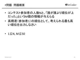 F問題 問題概要 
•コンテスト参加者の人数Nと、「誰が誰より順位が上 だった」というM個の情報が与えらる 
•高橋君（参加者1）の順位として、考えられる最も高 い順位を出力しなさい 
•1≦N, M≦50 
2014/12/12 
25  