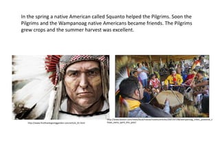 In the spring a native American called Squanto helped the Pilgrims. Soon the
Pilgrims and the Wampanoag native Americans became friends. The Pilgrims
grew crops and the summer harvest was excellent.




                                                            http://www.boston.com/news/local/massachusetts/articles/2007/07/08/wampanoag_tribes_powwow_s
   http://www.firstthanksgivinggarden.com/article_01.html   hows_extra_spirit_this_year/
 