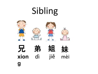 Sibling 
弟 
dì 
姐 
jiě 
妹 
mèi 
兄 
xion 
g 
 