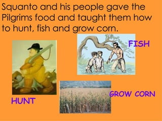 Squanto and his people gave the Pilgrims food and taught them how to hunt, fish and grow corn. HUNT FISH GROW CORN 
