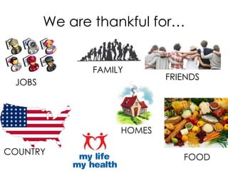 We are thankful for…
FAMILY
JOBS

FRIENDS

HOMES
COUNTRY

FOOD

 