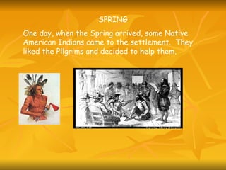 SPRING One day, when the Spring arrived, some Native American Indians came to the settlement.  They liked the Pilgrims and decided to help them. 