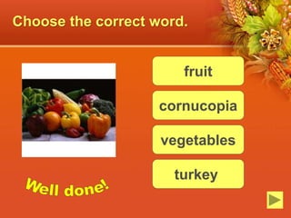 Choose the correct word.
fruit
cornucopia
vegetables
turkey
 