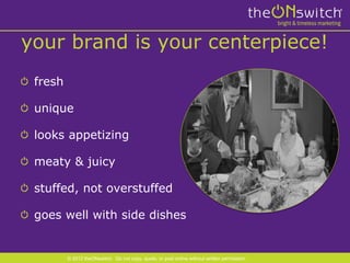 your brand is your centerpiece!
 fresh

 unique

 looks appetizing

 meaty & juicy

 stuffed, not overstuffed

 goes well with side dishes


         © 2012 theONswitch. Do not copy, quote, or post online without written permission.
 