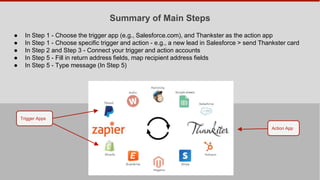 Summary of Main Steps
● In Step 1 - Choose the trigger app (e.g., Salesforce.com), and Thankster as the action app
● In Step 1 - Choose specific trigger and action - e.g., a new lead in Salesforce > send Thankster card
● In Step 2 and Step 3 - Connect your trigger and action accounts
● In Step 4 - Fill in return address fields, map recipient address fields
● In Step 5 - Type your card message!
Trigger Apps
Action App
 