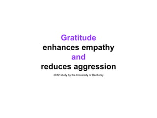 Gratitude
enhances empathy
and
reduces aggression
2012 study by the University of Kentucky
 