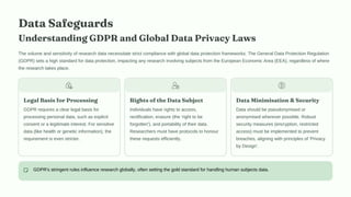 Data Safeguards
Understanding GDPR and Global Data Privacy Laws
The volume and sensitivity of research data necessitate strict compliance with global data protection frameworks. The General Data Protection Regulation
(GDPR) sets a high standard for data protection, impacting any research involving subjects from the European Economic Area (EEA), regardless of where
the research takes place.
Legal Basis for Processing
GDPR requires a clear legal basis for
processing personal data, such as explicit
consent or a legitimate interest. For sensitive
data (like health or genetic information), the
requirement is even stricter.
Rights of the Data Subject
Individuals have rights to access,
rectification, erasure (the 'right to be
forgotten'), and portability of their data.
Researchers must have protocols to honour
these requests efficiently.
Data Minimisation & Security
Data should be pseudonymised or
anonymised wherever possible. Robust
security measures (encryption, restricted
access) must be implemented to prevent
breaches, aligning with principles of 'Privacy
by Design'.
GDPR's stringent rules influence research globally, often setting the gold standard for handling human subjects data.
 