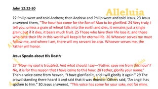 Alleluia
Alleluia
John 12:22-30
22 Philip went and told Andrew; then Andrew and Philip went and told Jesus. 23 Jesus
answered them, “The hour has come for the Son of Man to be glorified. 24 Very truly, I
tell you, unless a grain of wheat falls into the earth and dies, it remains just a single
grain; but if it dies, it bears much fruit. 25 Those who love their life lose it, and those
who hate their life in this world will keep it for eternal life. 26 Whoever serves me must
follow me, and where I am, there will my servant be also. Whoever serves me, the
Father will honor.
Jesus Speaks about His Death
27 “Now my soul is troubled. And what should I say—‘Father, save me from this hour’?
No, it is for this reason that I have come to this hour. 28 Father, glorify your name.”
Then a voice came from heaven, “I have glorified it, and I will glorify it again.” 29 The
crowd standing there heard it and said that it was thunder. Others said, “An angel has
spoken to him.” 30 Jesus answered, “This voice has come for your sake, not for mine.
 