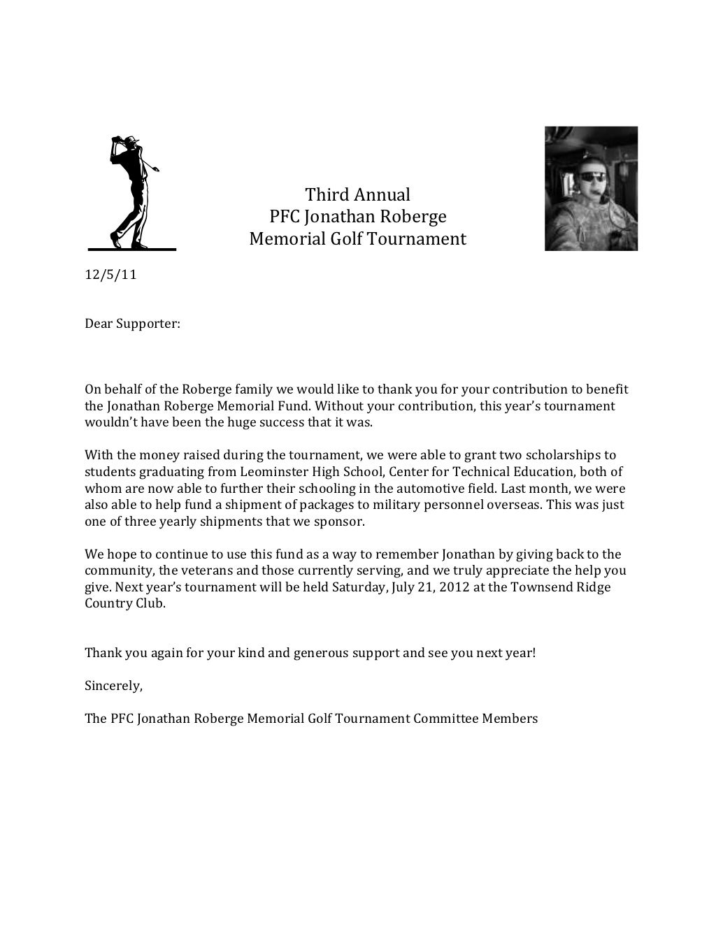 Thank You Letter Memorial Golf Tournament