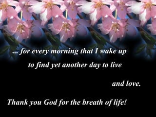 ... for every morning that I wake up
to find yet another day to live
and love.
Thank you God for the breath of life!

 