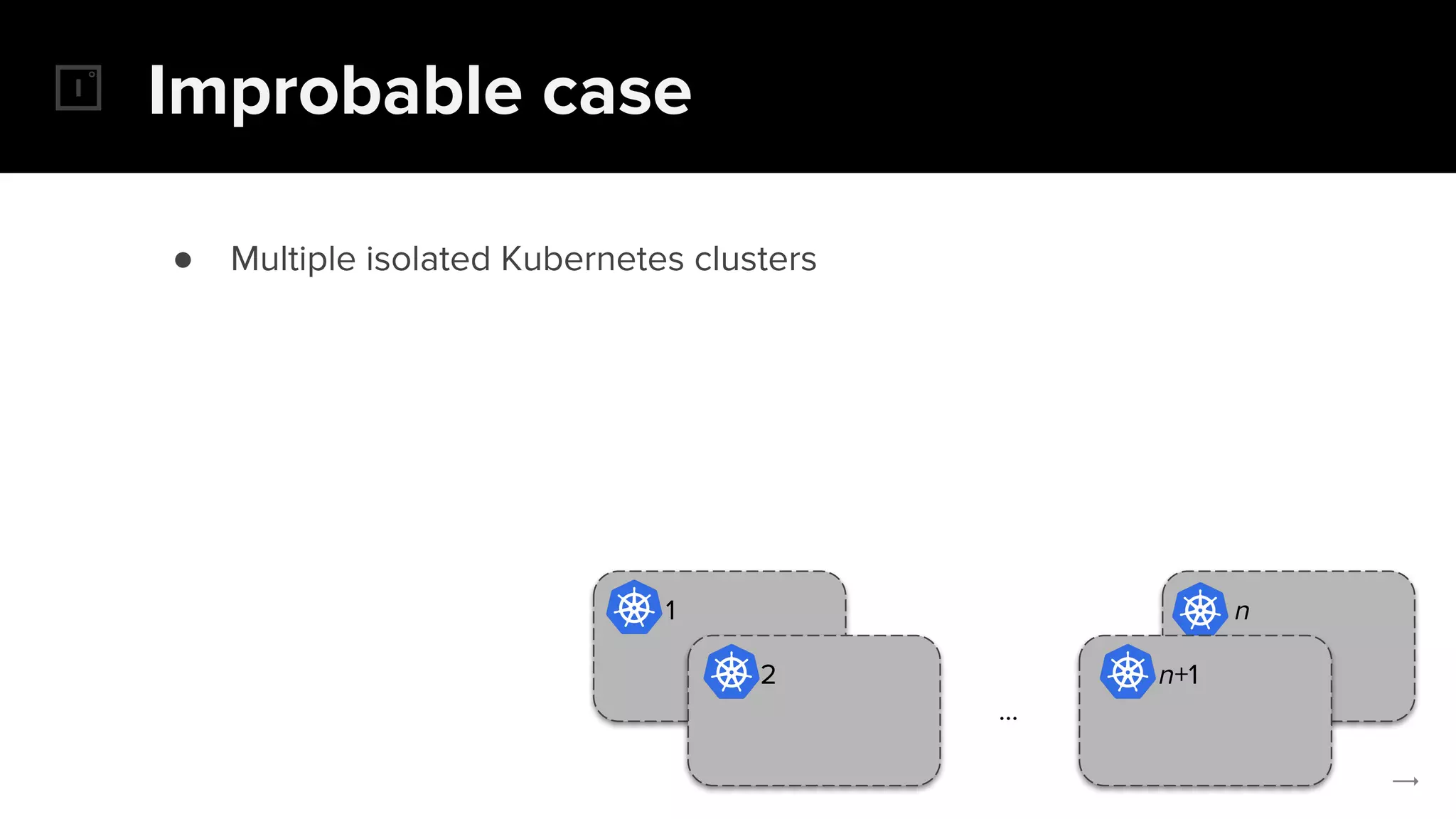 n1
Improbable case
2 n+1
...
● Multiple isolated Kubernetes clusters
 
