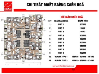 CHI TIEÁT MAËT BAÈNG CAÊN HOÄ

                       CÔ CAÁU CAÊN HOÄ
           STT   LOAÏI CAÊN HOÄ         DIEÄN TÍCH
           1         UNIT 1              107M2
           2         UNIT 2               95M2
           3         UNIT 3               92M2
           4         UNIT 4              130M2
           5         UNIT 5              102M2
           6         UNIT 6              132M2
           7         UNIT 7              119M2
           8         UNIT 8              127M2
           9         UNIT 9              102M2
           10    DUPLEX TYPE 1    118M2 + 131M2 + 167M2
           11    DUPLEX TYPE 2    126M2 + 128M2 + 135M2



                                  15
 
