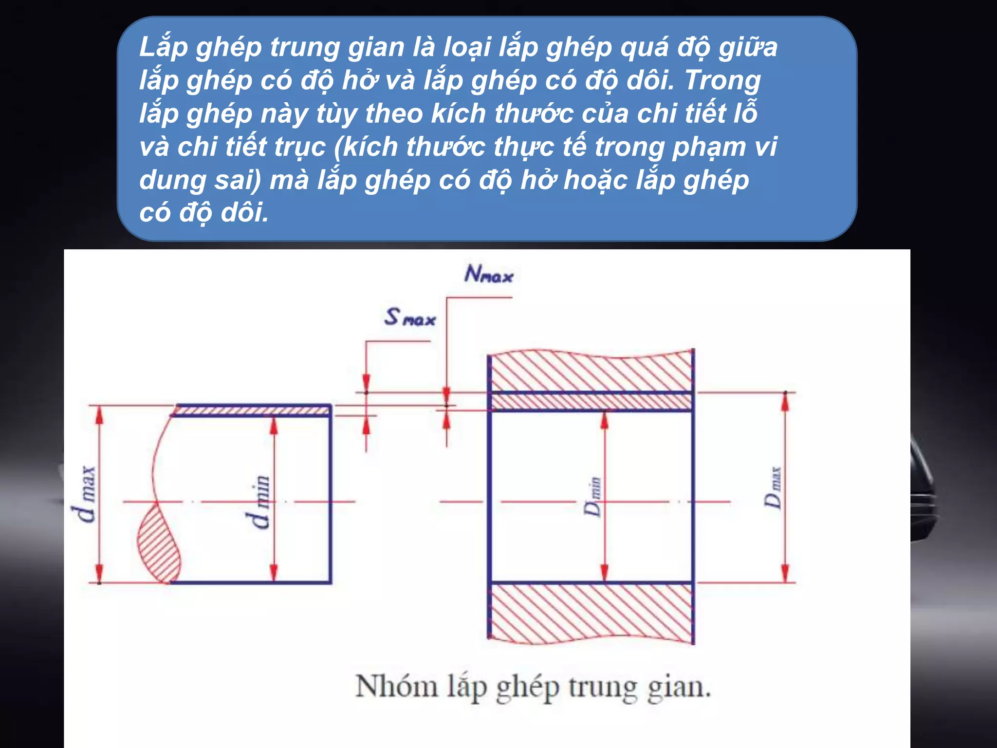 Lắp ghép trung gian là loại lắp ghép quá độ giữa
lắp ghép có độ hở và lắp ghép có độ dôi. Trong
lắp ghép này tùy theo kích thước của chi tiết lỗ
và chi tiết trục (kích thước thực tế trong phạm vi
dung sai) mà lắp ghép có độ hở hoặc lắp ghép
có độ dôi.
 