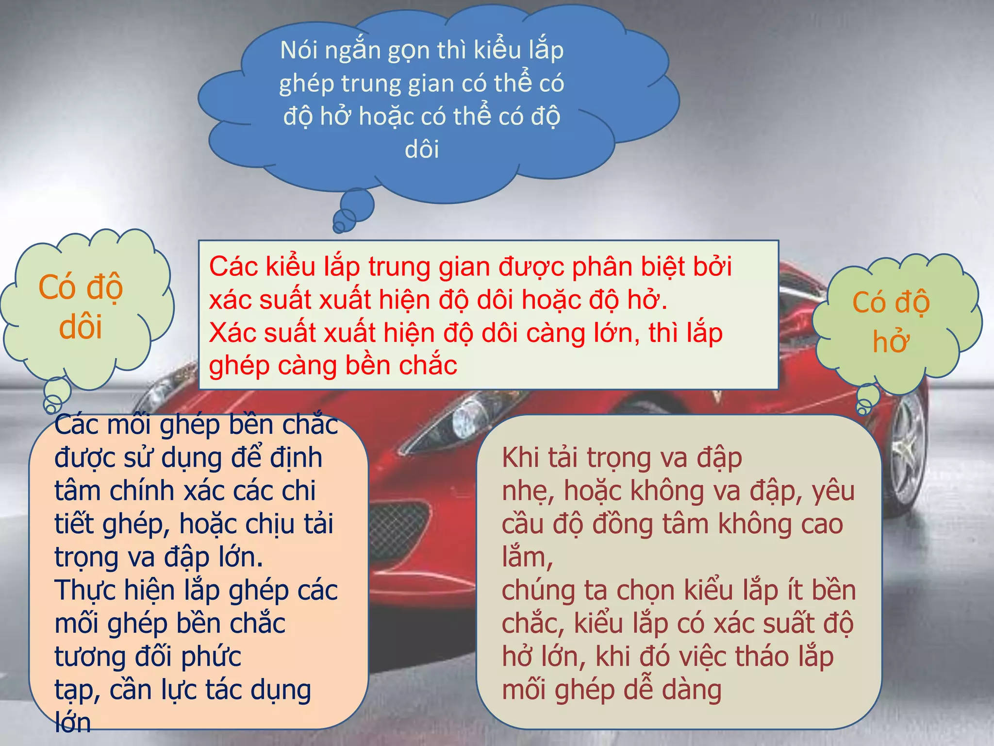 Nói ngắn gọn thì kiểu lắp
ghép trung gian có thể có
độ hở hoặc có thể có độ
dôi
Các kiểu lắp trung gian được phân biệt bởi
xác suất xuất hiện độ dôi hoặc độ hở.
Xác suất xuất hiện độ dôi càng lớn, thì lắp
ghép càng bền chắc
Các mối ghép bền chắc
được sử dụng để định
tâm chính xác các chi
tiết ghép, hoặc chịu tải
trọng va đập lớn.
Thực hiện lắp ghép các
mối ghép bền chắc
tương đối phức
tạp, cần lực tác dụng
lớn
Khi tải trọng va đập
nhẹ, hoặc không va đập, yêu
cầu độ đồng tâm không cao
lắm,
chúng ta chọn kiểu lắp ít bền
chắc, kiểu lắp có xác suất độ
hở lớn, khi đó việc tháo lắp
mối ghép dễ dàng
Có độ
dôi
Có độ
hở
 