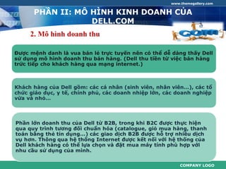 www.themegallery.com


 PHẦN II: MÔ HÌNH KINH DOANH CỦA
             DELL.COM
2. Mô hình doanh thu




                               COMPANY LOGO
 
