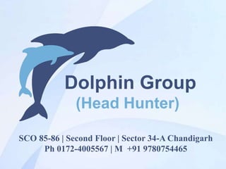 Dolphin Group
(Head Hunter)
SCO 85-86 | Second Floor | Sector 34-A Chandigarh
Ph 0172-4005567 | M +91 9780754465
 
