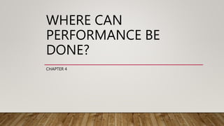 WHERE CAN
PERFORMANCE BE
DONE?
CHAPTER 4
 