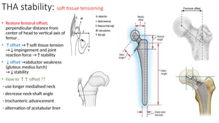 THA stability: soft tissue tensioning
• Restore femoral offset:
perpendicular distance from
center of head to vertical axis of
femur .
• ↑offset →↑soft tissue tension
→↓impingement and joint
reaction force →↑stability
• ↓offset →abductor weakness
(gluteus medius lurch)
→↓stability
• How to ↑↑ offset ??
- use longer medialised neck
- decrease neck-shaft angle
- trochanteric advancement
- alternation of acetabular liner
 