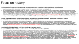 Focus on history
Survivorship of a Charnley total hip arthroplasty. A concise follow-up, at a minimum of thirty-five years, of previous reports.
• Callaghan JJ, Bracha P, Liu SS, Piyaworakhun S, Goetz DD, Johnston RC . J Bone Joint Surg Am. 2009 Nov;91(11):2617-21
• The purpose of this study was to update the results, at a minimum of thirty-five years, in a single-surgeon series of primary Charnley total hip arthroplasties performed with cement.
Twelve patients (fifteen hips) were alive, 249 patients (314 hips) had died, and one patient (one hip) had been lost to follow-up. Seven of the hips in the living patients had required at
least one revision; 290 (88%) of the original group of total hip prostheses either continued to function or were in patients who had died. Since the time of a thirty-year study of this
cohort, one hip that had previously been revised because of acetabular loosening required an additional revision because of acetabular loosening and two additional hips had evidence of
radiographic loosening (of one acetabular and one femoral component). The survival rate with revision for any reason as the end point was 78%. This end result study should provide a
benchmark for subsequent procedures and designs with the caveat that patient life expectancy will likely continue to increase and modern-design implants are being used in younger
patients.
Primary total hip arthroplasty with a flanged, cemented all-polyethylene acetabular component: evaluation at a minimum of 20 years.
• Della Valle CJ, Kaplan K, Jazrawi A, Ahmed S, Jaffe WL. J Arthroplasty. 2004 Jan;19(1):23-6
• One hundred twenty-three consecutive primary total hip arthroplasties in 107 patients were performed with the insertion of a cemented, all polyethylene, flanged acetabular
component. At a minimum of 20 years, 66 patients had died (75 hips) and 8 patients (8 hips) were lost to follow-up evaluation, leaving 40 hips in 33 patients. At a mean of 21.1 years, 2
cups had been revised for aseptic loosening, one well-fixed cup was revised at the time of femoral component revision, and 4 additional cups had definite evidence of radiographic
loosening. Survivorship analysis revealed a 77.3% survivorship for the component at 21 years, with revision or definite loosening as an endpoint (95% confidence interval, 67.8%-86.8%).
Charnley low-friction arthroplasty of the hip. Twenty-year results with cement.
• Kavanagh BF, Wallrichs S, Dewitz M, Berry D, Currier B, Ilstrup D, Coventry MB. J Arthroplasty. 1994 Jun;9(3):229-34.
• The first 333 Charnley (Thackray, United Kingdom) total hip arthroplasties performed at the Mayo Clinic between 1969 and 1970 have been followed since that time. One hundred twelve
patients (112 hips) remain alive at 20 years. Clinical results remain excellent. The Mayo clinical and roentgenographic hip scoring system rates the results as good to excellent in 39 of 69
hips (with all necessary data to calculate the entire score), fair in 13 hips, and poor in 17 hips. The clinical score alone showed satisfactory results in 77 of 112 hips. Some clinical
deterioration was attributed to the advancing age of the patients (mean age at final follow-up evaluation, 84 years). Probable roentgenographic loosening (component migration,
complete bone-cement interface, radiolucent line greater than 1 mm, cement fracture) was noted in 12 of 69 acetabular components (17%) and 28 of 69 femoral components (36%). Two
patients had required revision since the last report at 15 years for a total of 38 patients (32 revised, 4 Girdlestone arthroplasties, 2 stem fractures not yet revised). The probability of
surviving 20 years without revision of the components was 84% (83% for men, 85% for women). The rates of loosening, revision, and failure (revision, Girdlestone, or symptomatic
loosening) remain linear over 20 years of follow-up evaluation. If the probability of revision is based on patient age at the time of the initial total hip arthroplasty, there is a significantly
increased probability of revision in those patients less than 59 years of age (27%) compared to those 59-65 years of age (13%), 65-70 years (7.5%), and over 70 years (12%).
 