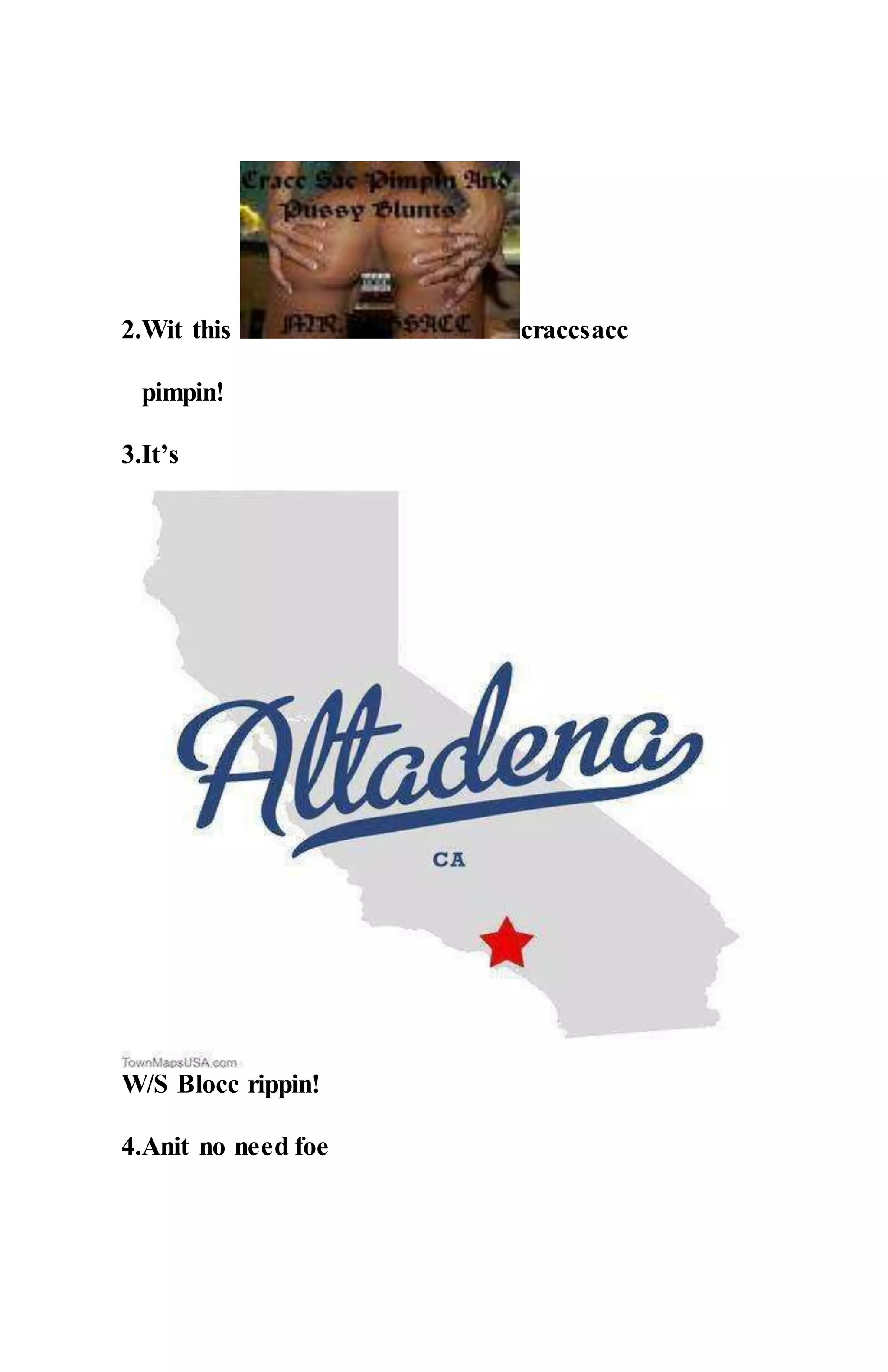 2.Wit this craccsacc
pimpin!
3.It’s
W/S Blocc rippin!
4.Anit no need foe
 