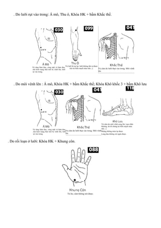 . Do lưỡi rụt vào trong: Á mô, Thu ô, Khóa HK + bấm Khắc thế.
. Do môi vênh lên : Á mô, Khóa HK + bấm Khắc thế; Khóa Khô khốc 3 + bấm Khô lưu
. Do rối loạn ở lưỡi: Khóa HK + Khung côn.
 