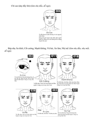 Chí cao (day đẩy lên) (làm nhẹ đầu, dễ ngủ).
Bóp nhẹ Án khôi, Cốt cường, Mạnh không, Vũ hải, Ấn lâm, Nhị tuế (làm nhẹ đầu, nhẹ mắt,
dễ ngủ).
 