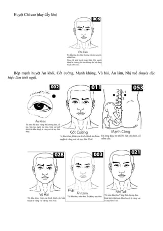 Huyệt Chí cao (day đẩy lên)
Bóp mạnh huyệt Án khôi, Cốt cường, Mạnh không, Vũ hải, Ấn lâm, Nhị tuế (huyệt đặc
hiệu làm tỉnh ngủ).
 