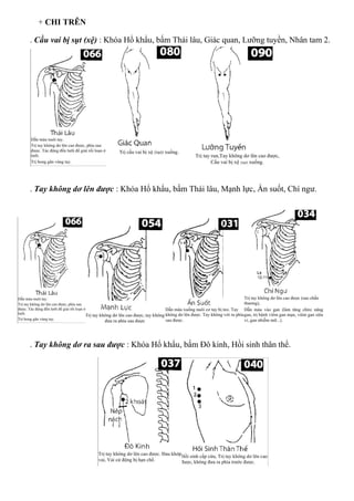 + CHI TRÊN
. Cầu vai bị sụt (xệ) : Khóa Hổ khẩu, bấm Thái lâu, Giác quan, Lưỡng tuyền, Nhân tam 2.
. Tay không dơ lên được : Khóa Hổ khẩu, bấm Thái lâu, Mạnh lực, Ấn suốt, Chí ngư.
. Tay không dơ ra sau được : Khóa Hổ khẩu, bấm Đô kinh, Hồi sinh thân thể.
 