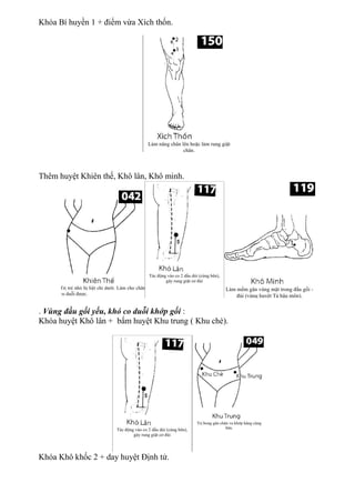 Khóa Bí huyền 1 + điểm vừa Xích thốn.
Thêm huyệt Khiên thế, Khô lân, Khô minh.
. Vùng đầu gối yếu, khó co duỗi khớp gối :
Khóa huyệt Khô lân + bấm huyệt Khu trung ( Khu chè).
Khóa Khô khốc 2 + day huyệt Định tử.
 