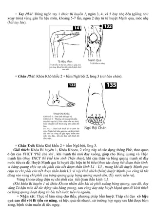 + Tay Phải: Dùng ngón tay 1 khóa Bí huyền 1, ngón 3, 4, và 5 day nhẹ đều (giống như
xoay tròn) vùng gân Tả hậu môn, khoảng 5-7 lần, ngón 2 day từ từ huyệt Mạnh qua, móc nhẹ
(hất tay lên).
+ Chân Phải: Khóa Khô khốc 2 + bấm Ngũ bội 2, lóng 3 (sát bàn chân).
+ Chân Trái: Khóa Khô khốc 2 + bấm Ngũ bội, lóng 3.
Giải thích: Khóa Bí huyền 1, Khóa Khoeo, 2 vùng này có tác dụng thông Phế, theo quan
điểm của YHCT ‘Phế chủ khí’, khí mạnh thì mới đẩy xuống, giúp cho Bàng quang và Thận
mạnh lên (theo YHCT thì Phế kim sinh Thận thủy), khí của thận và bàng quang mạnh sẽ đẩy
nước tiểu ra dễ. Huyệt Mạnh qua là huyệt đặc hiệu trị bí tiểu (theo tác dụng tiết đoạn thần kinh,
vì bàng quang chịu sự chi phối của tiết đoạn thần kinh L1 - L5 , trong khi đó huyệt Mạnh qua
chịu sự chi phối của tiết đoạn thần kinh L3, vì vậy kích thích (bấm) huyệt Mạnh qua cũng là tác
động vào vùng chi phối của bàng quang giúp bàng quang mạnh lên, đẩy nước tiểu ra).
Vùng khoeo cũng chịu sự chi phối của tiết đoạn thần kinh L3.
(Khi khóa Bí huyền 1 và khóa Khoeo nhằm dẫn khí từ phổi xuống bàng quang, sau đó, day
vùng Tả hậu môn để tác động vào bàng quang, sau cùng day nhẹ huyệt Mạnh qua để kích thích
cơ bàng quang hoạt động và bài tiết nước tiểu ra ngoài).
+ Nhận xét: Thực tế lâm sàng cho thấy, phương pháp bấm huyệt Thập chỉ đạo có hiệu
quả cao đối với Bí tiểu cơ năng, và hiệu quả rất nhanh, có trường hợp ngay sau khi được bấm
xong, bệnh nhân muốn đi tiểu ngay.
 