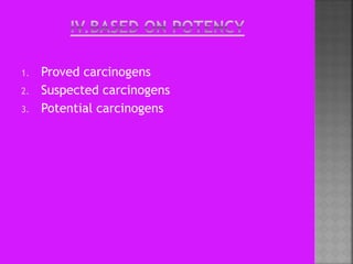 1. Proved carcinogens
2. Suspected carcinogens
3. Potential carcinogens
 