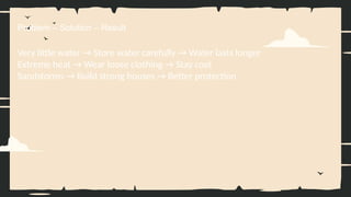 Problem – Solution – Result
Very little water → Store water carefully → Water lasts longer
Extreme heat → Wear loose clothing → Stay cool
Sandstorms → Build strong houses → Better protection
 