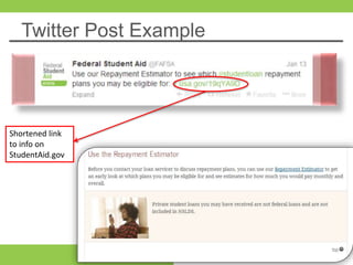 Twitter Post Example
20
Shortened link
to info on
StudentAid.gov
 